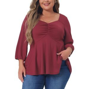 Plus Size Sweetheart V Neck Elbow Sleeve Front Ruched Peplum Blouse Burgundy